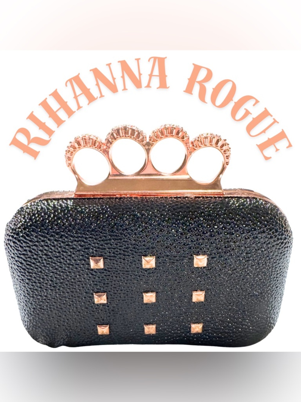 Rihanna Rogue Rose Gold Knuckles Clutch Black Hard Shell Studded Purse